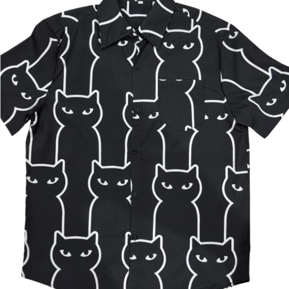 Black Cat Print Button-Up Shirt